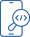 Smartphone icon with a magnifying glass over code, representing device forensics and data analysis.