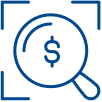 Identify and mitigate financial crime Icon of a magnifying glass with a dollar sign, representing efforts to identify and mitigate financial crime.